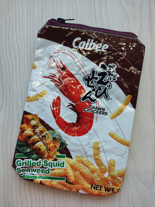 Upcycled Food Wrapper - Zip Pouch Brown Calbee Prawn